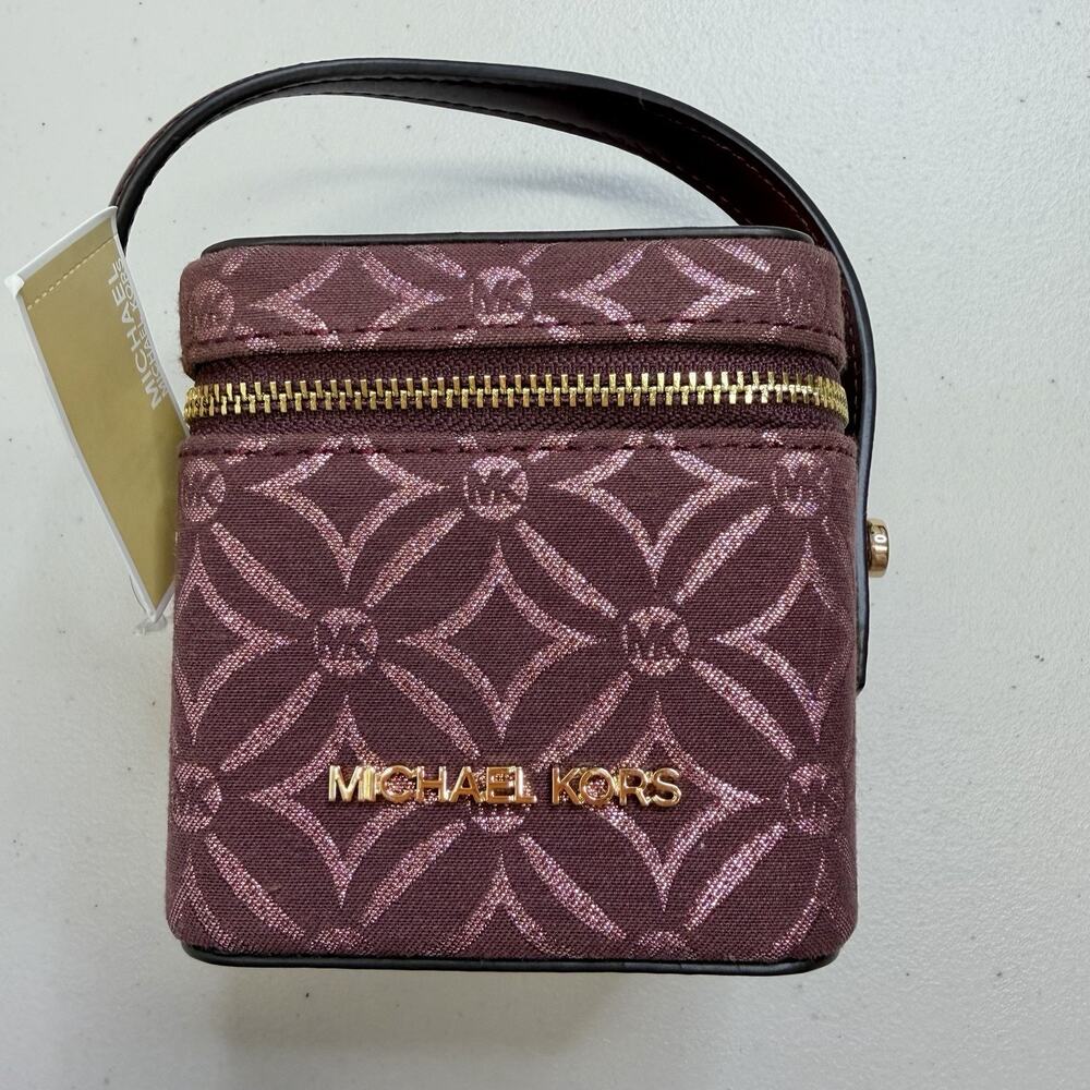 Michael Kors Sandrine Small Logo Jacquard Crossbody Box Bag Burgundy MSRP 298$
